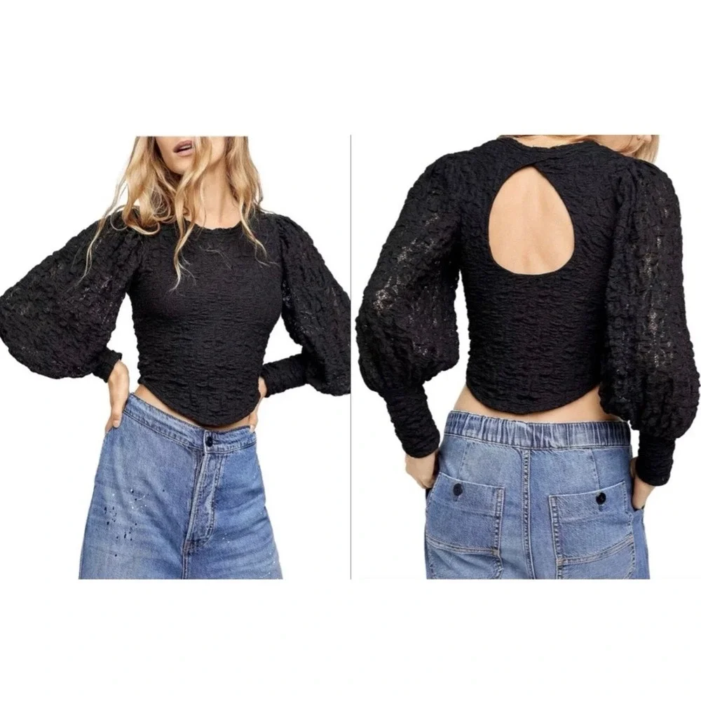 Free‎ People Tea Time Lace Puff Sleeve Top Black Small